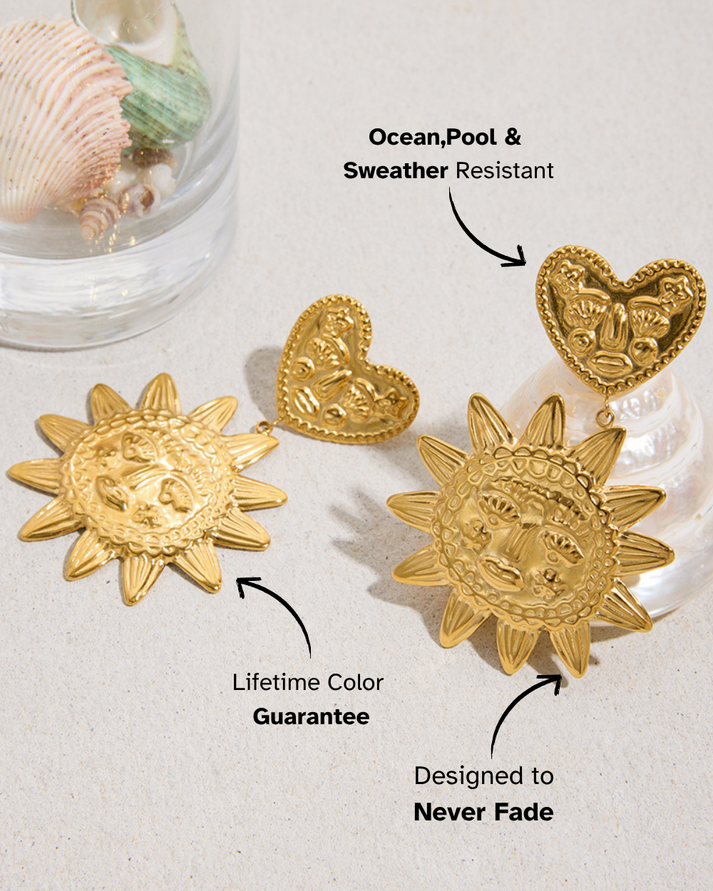 Gold sun and heart-shaped earrings on a white surface with text about features.