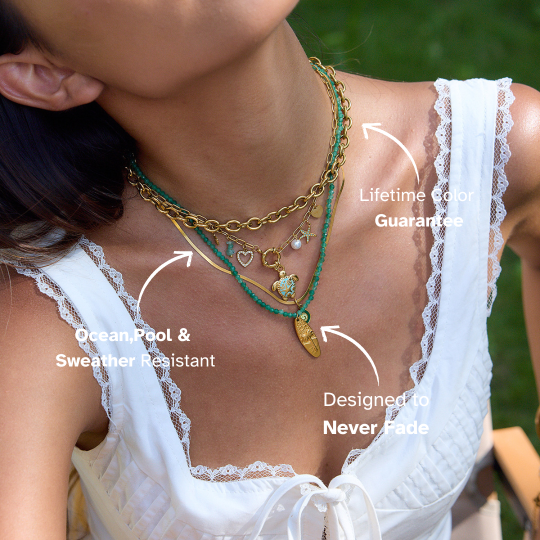 Palm charm necklace paired with white summer dress