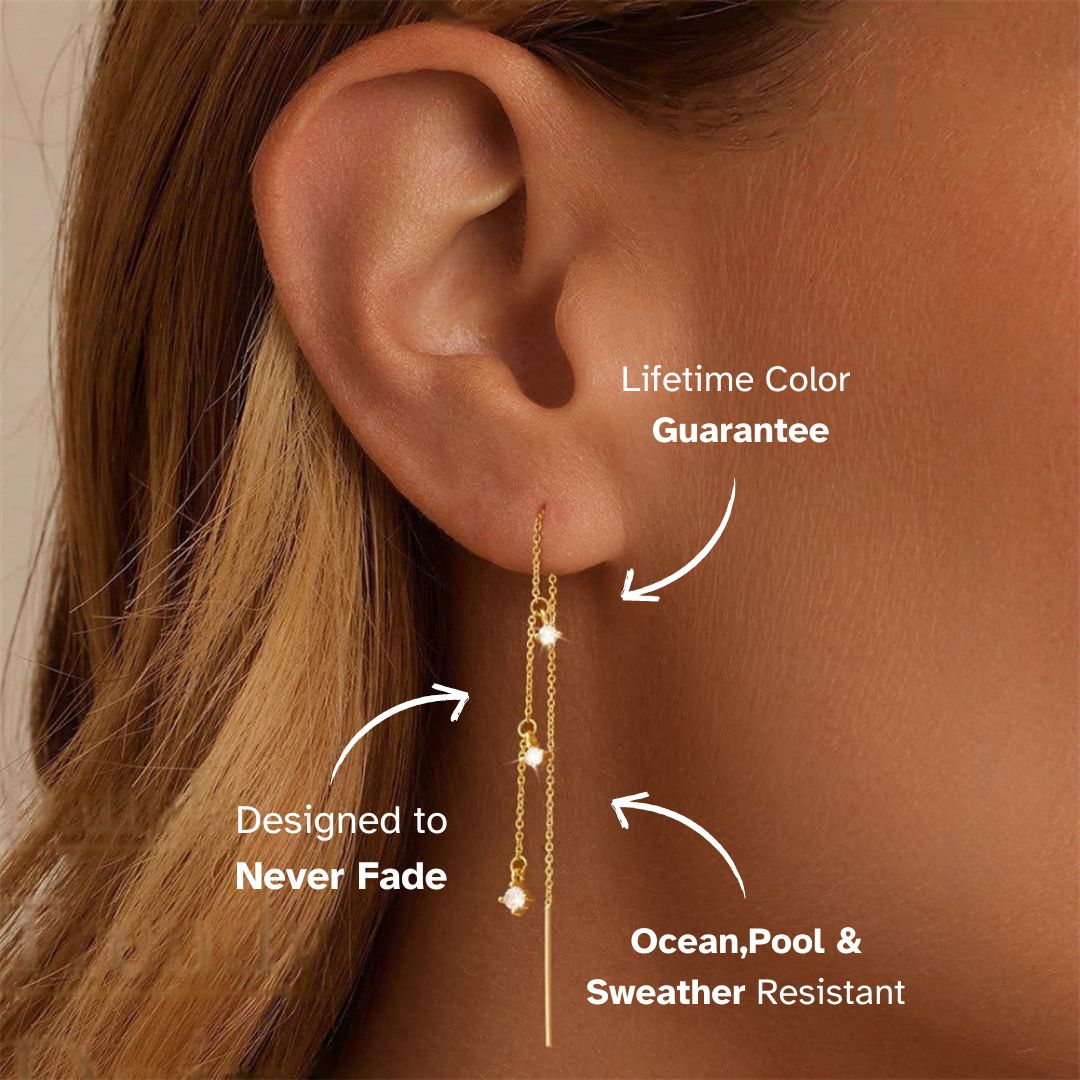 Model wearing long threader earrings with Zircon, lightweight gold chain design