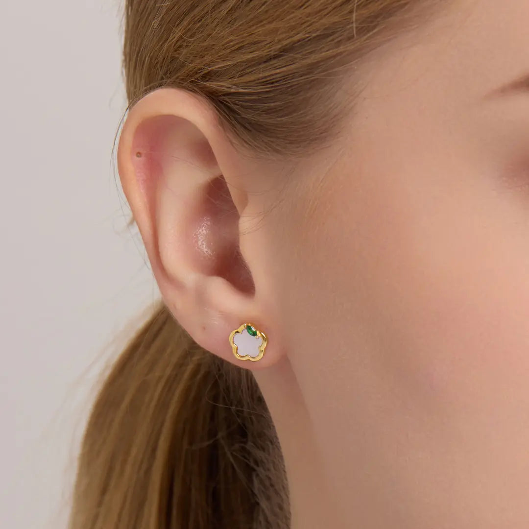 White Shell Flower Stud Earrings with Green Zircon Accent