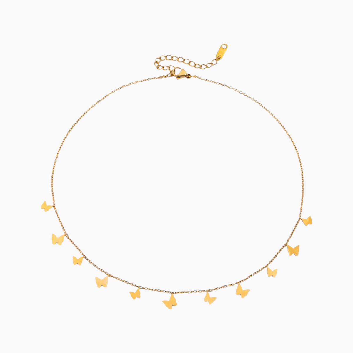 Gold necklace with butterfly pendants on a white background