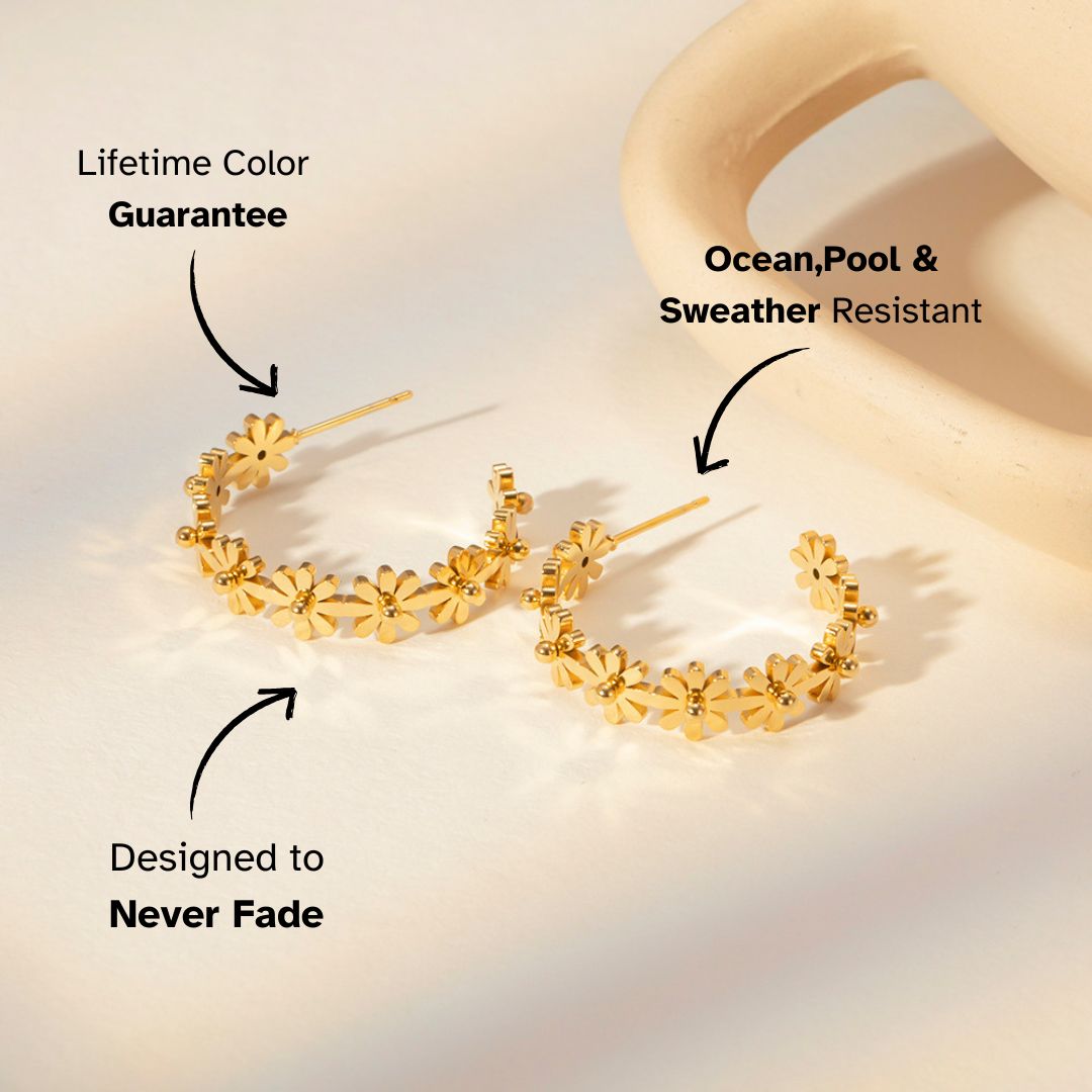 Open hoop earrings adorned with daisy flower cutouts, gold-plated and water-resistant