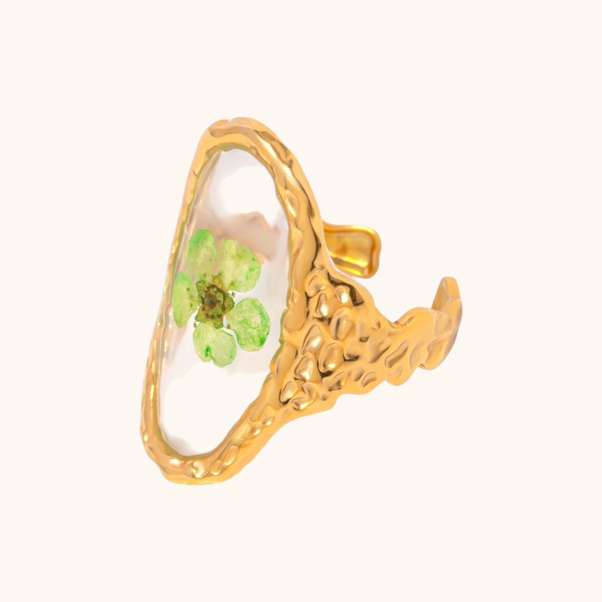 Large gold band ring with vivid sunflower resin center and rippled edge