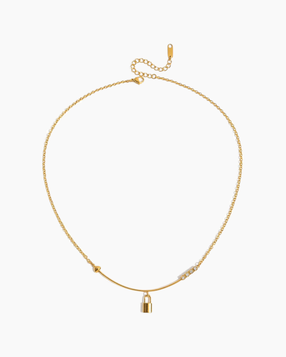 Gold necklace with a lock pendant on a white background