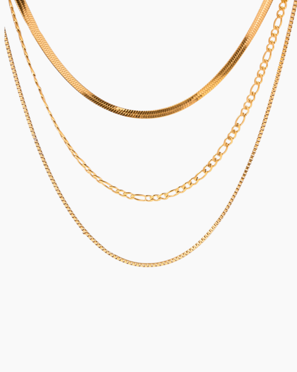 Three gold chains of different styles on a white background