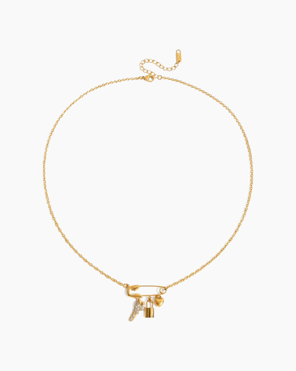 Gold necklace with a lock pendant on a white background