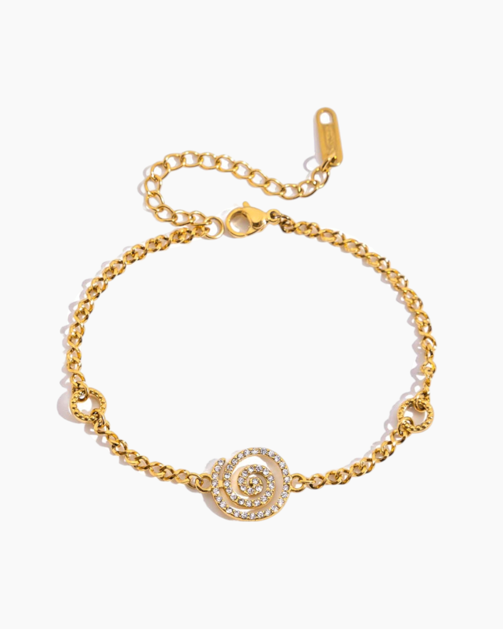 Gold bracelet with a spiral design on a white background
