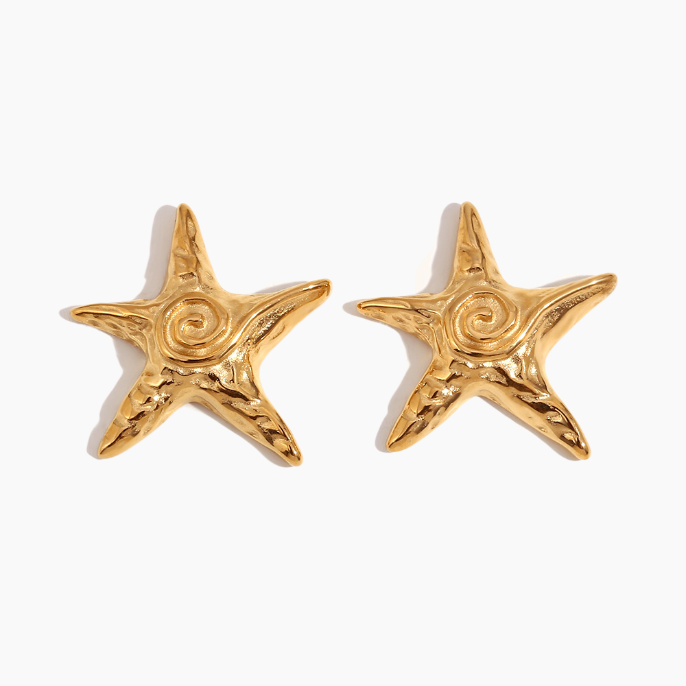 Gold starfish earrings on a white background