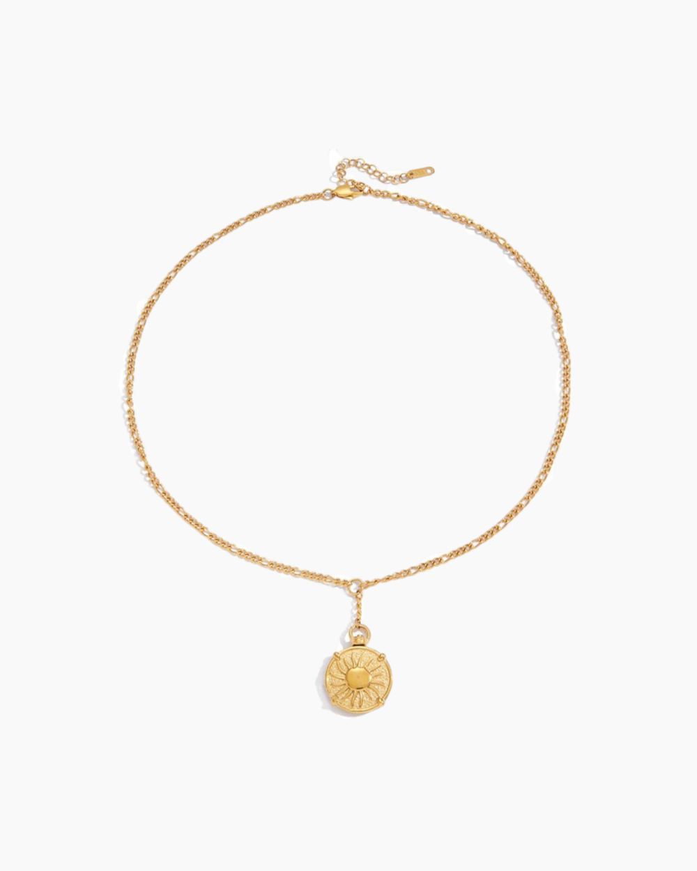 Gold necklace with a round pendant on a white background
