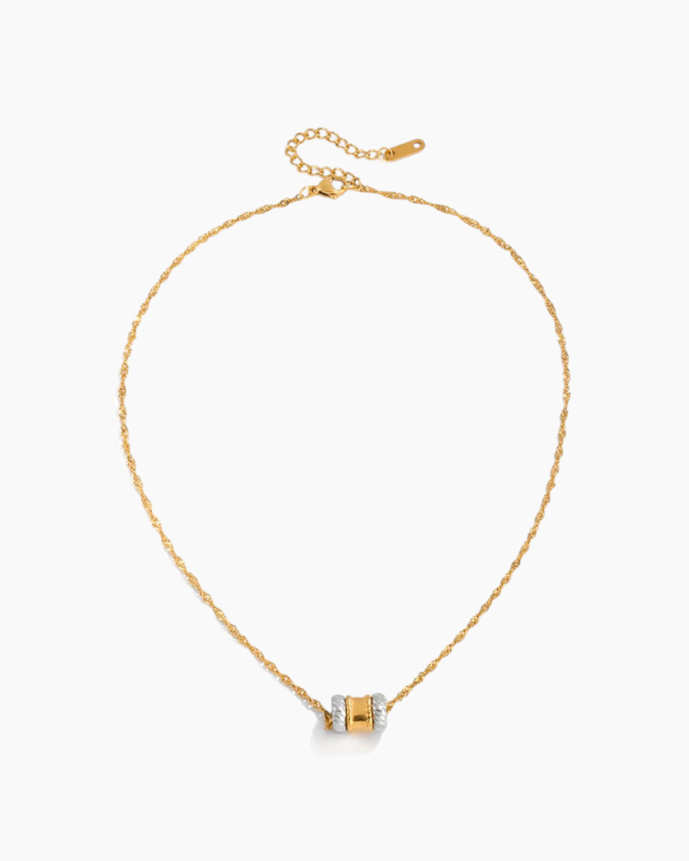 Gold necklace with a small pendant on a white background