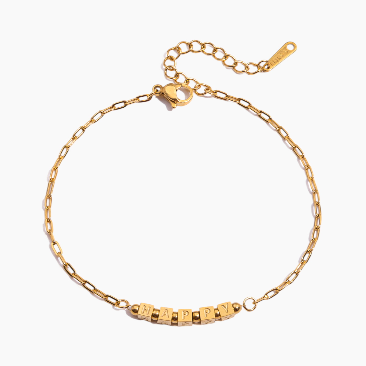 Gold bracelet with 'HAPPY' beads on a white background