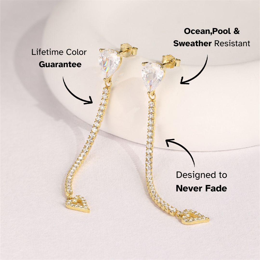 Heart-shaped zircon drop earrings on display, styled with luxury sparkle under soft light