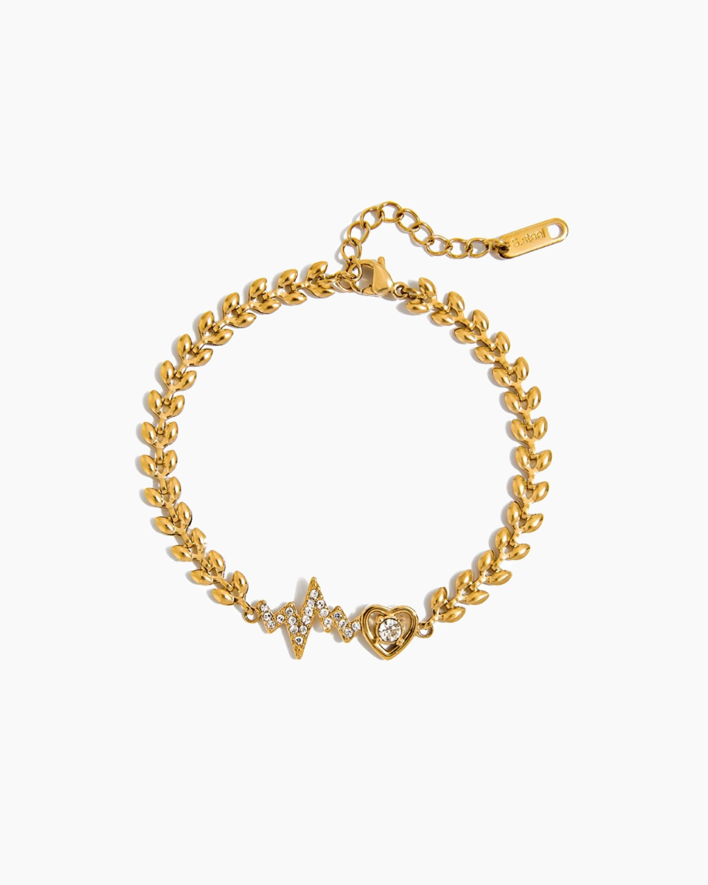 Gold bracelet with heart and star design on a white background