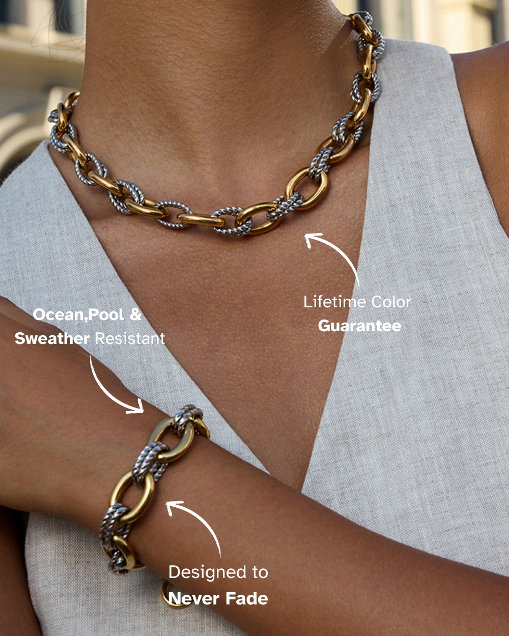 Gold and silver chain necklace and bracelet on a person, with text about product features.