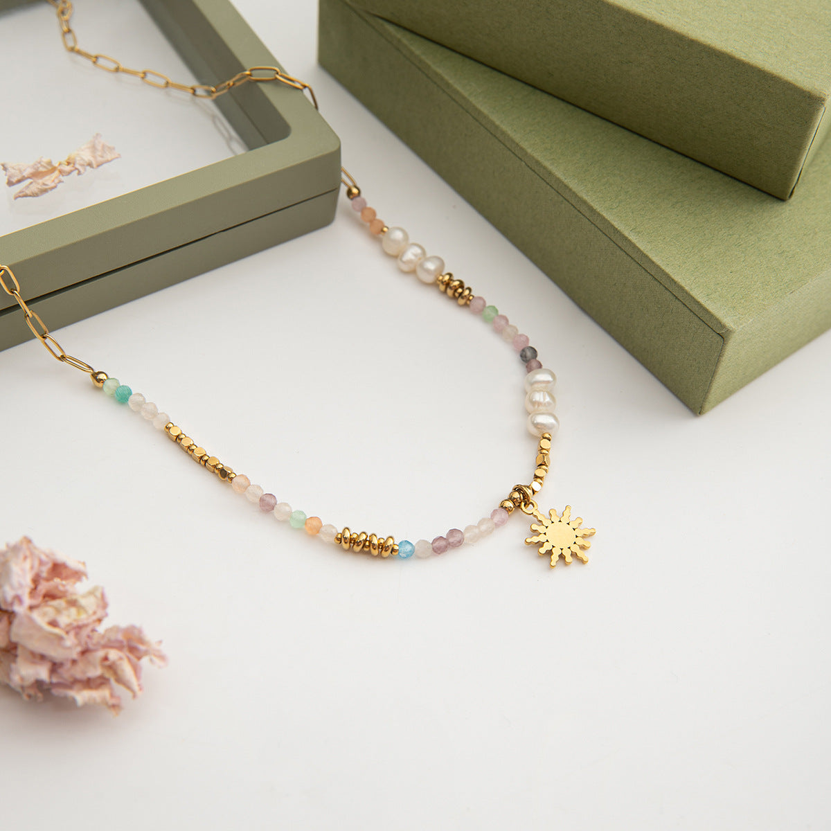 Delicate rainbow bead necklace with freshwater pearls and gold chain