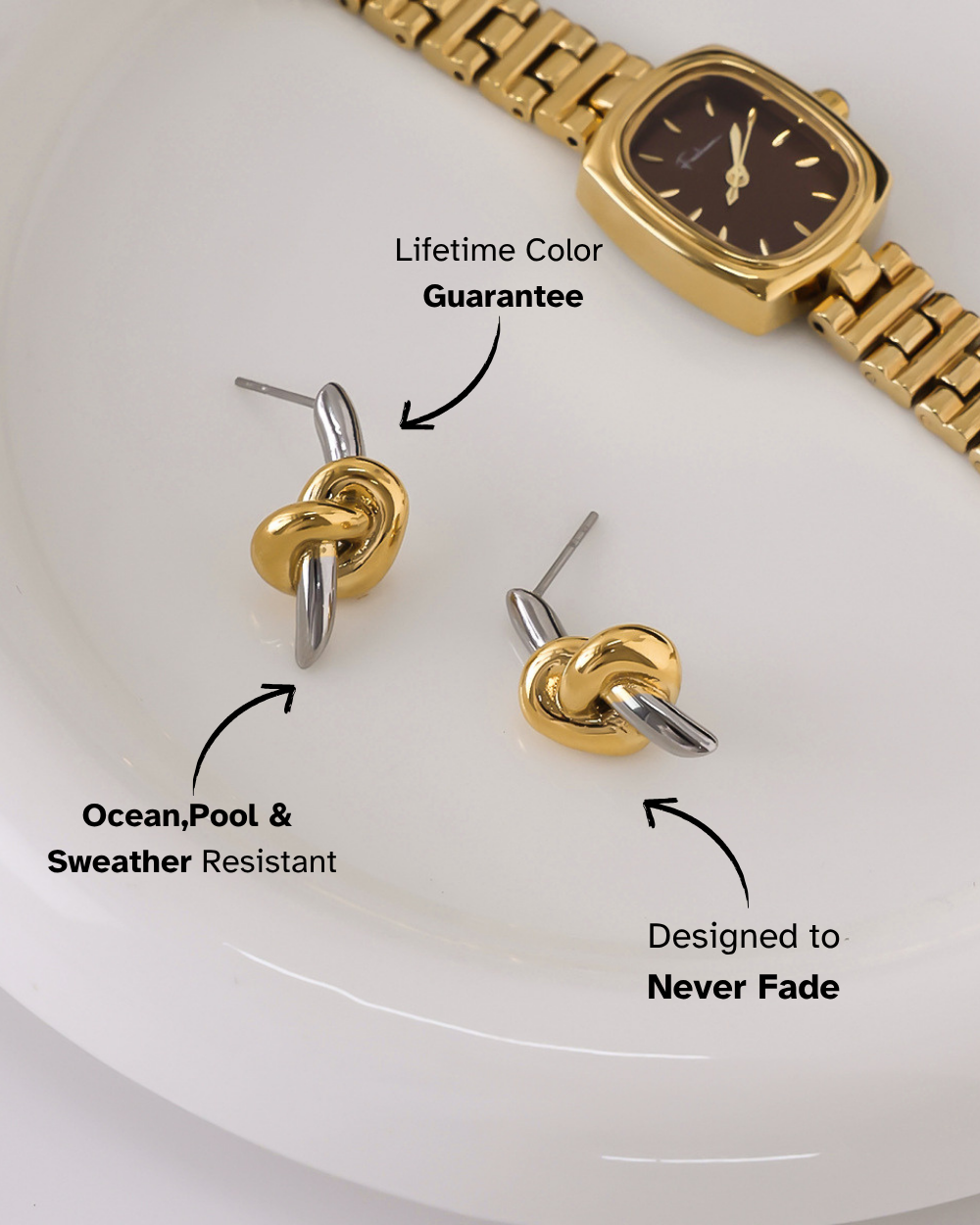 Gold and silver knot earrings with a gold watch on a white background, featuring text about product features.