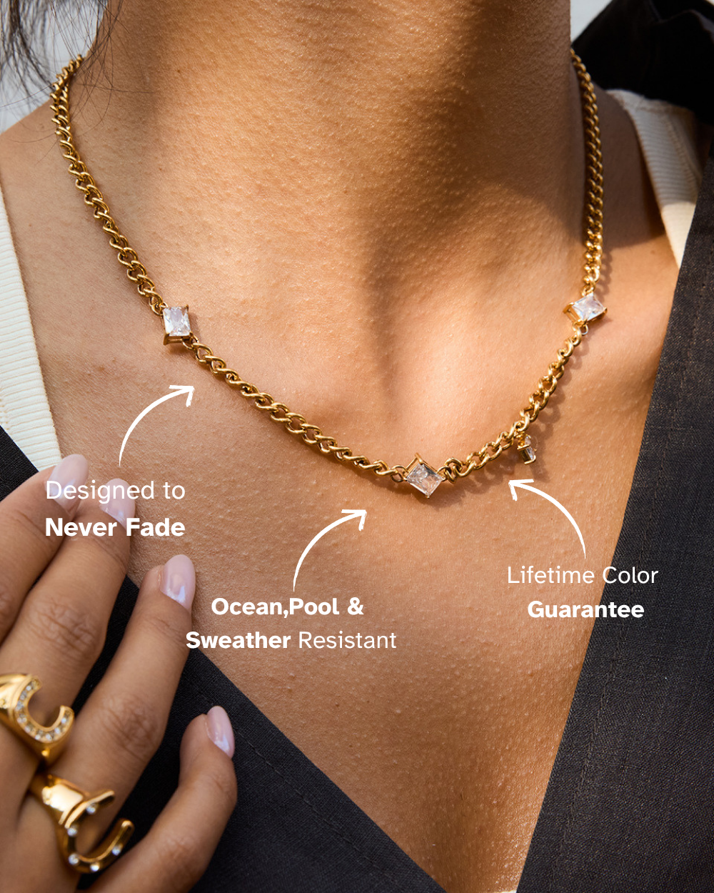 Gold necklace worn by a person with text highlighting features like 'Never Fade', 'Ocean, Pool & Sweater Resistant', and 'Lifetime Color Guarantee'.