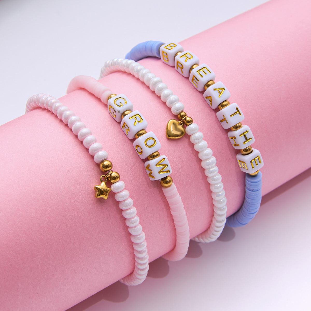 Stretch bracelet stack with motivational word beads for women