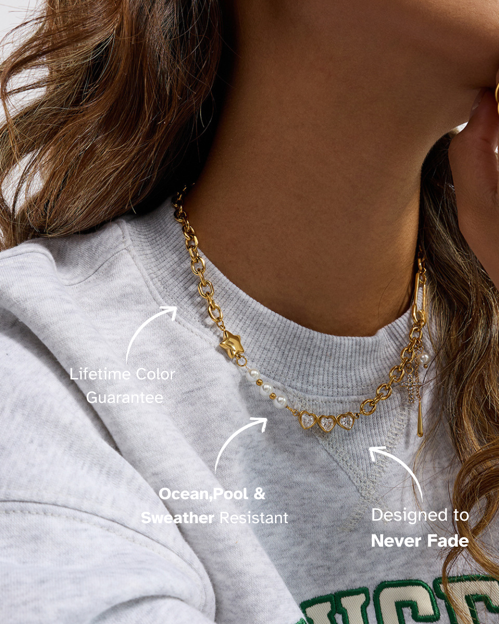 Gold necklace worn by a person with text highlighting features on a gray sweatshirt.