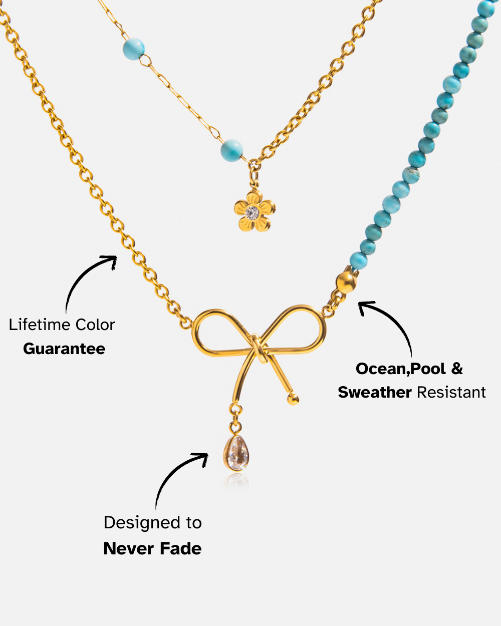 Two necklaces with gold and blue beads, featuring text about color guarantee and water resistance.