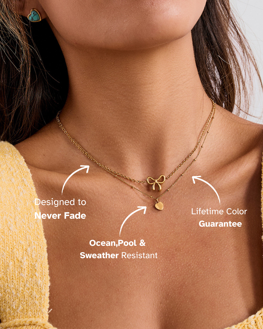 Gold necklace on a person with text highlighting features