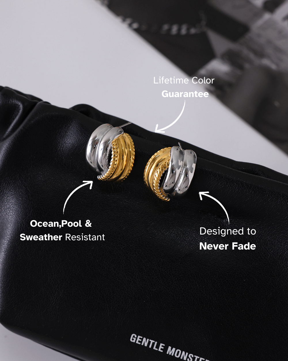 Gold and silver hoop earrings on a black surface with text about durability and color guarantee.