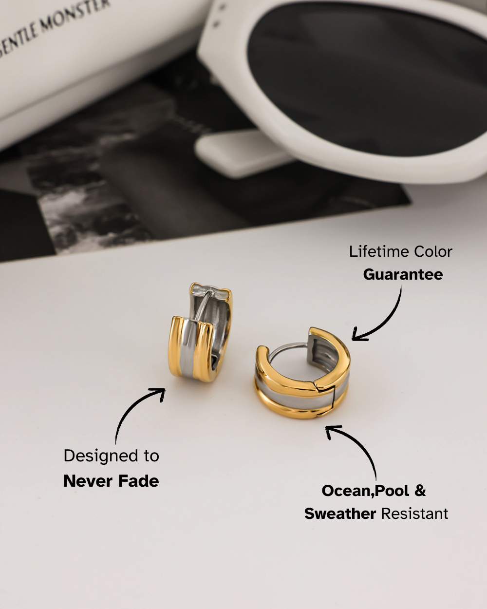 Gold hoop earrings on a white surface with text highlighting features.