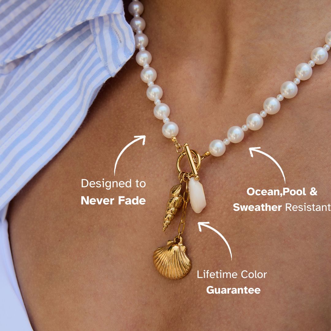 Swimwear outfit featuring a waterproof pearl necklace with ocean-inspired gold accents