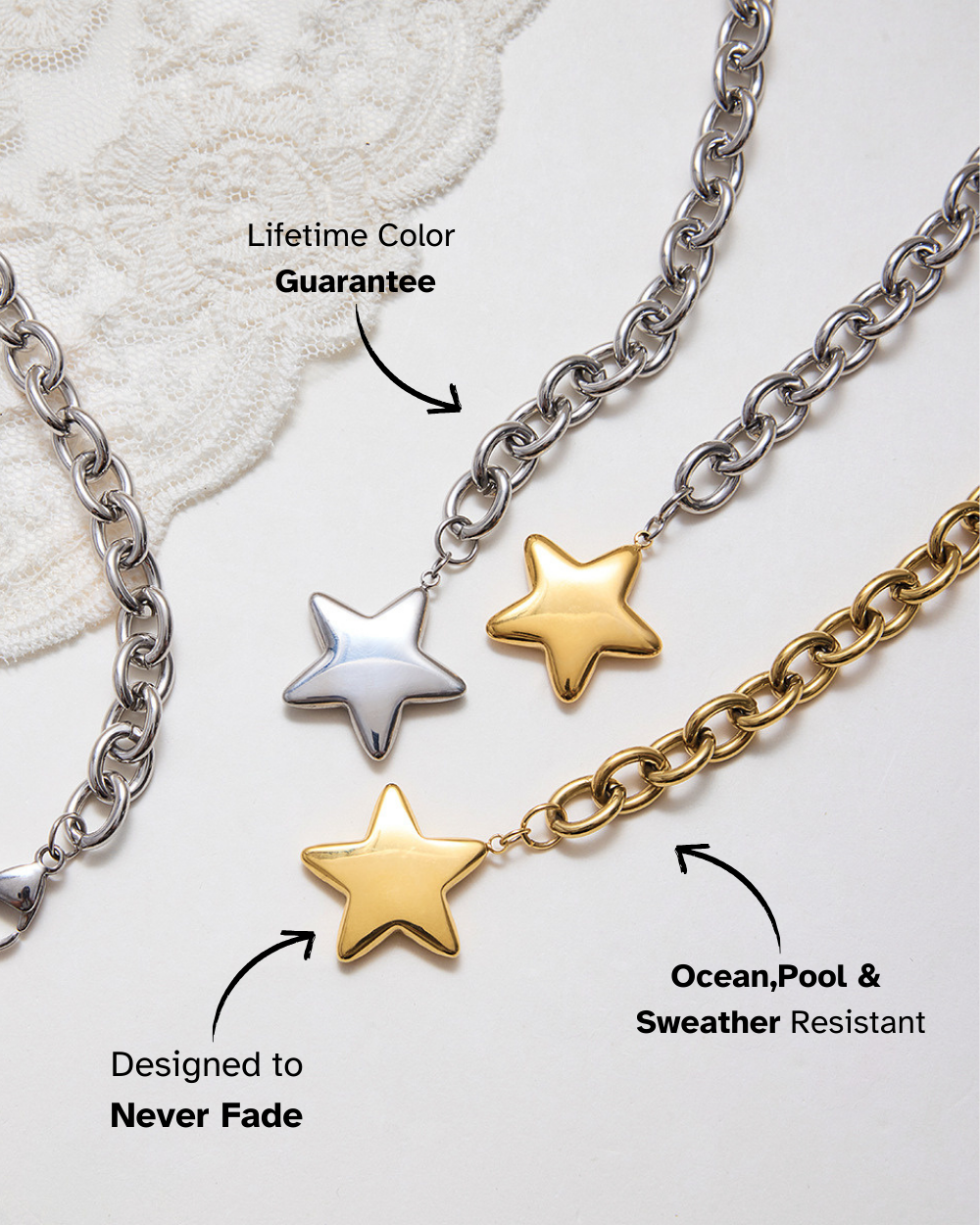 Star-shaped pendants on chains with text about color guarantee, resistance to fading, and water resistance.
