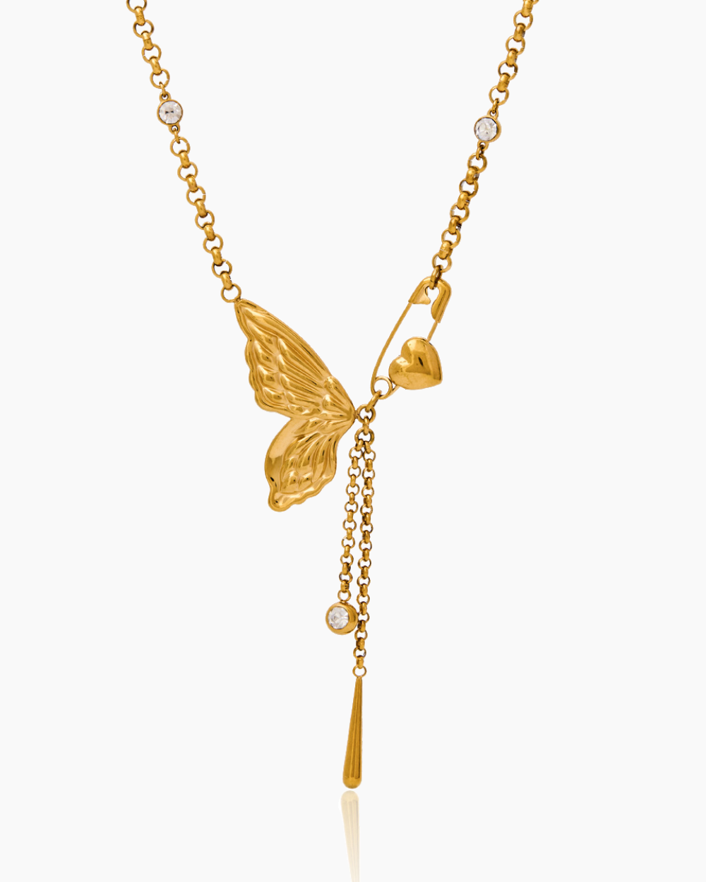 Gold necklace with butterfly pendant on a white background