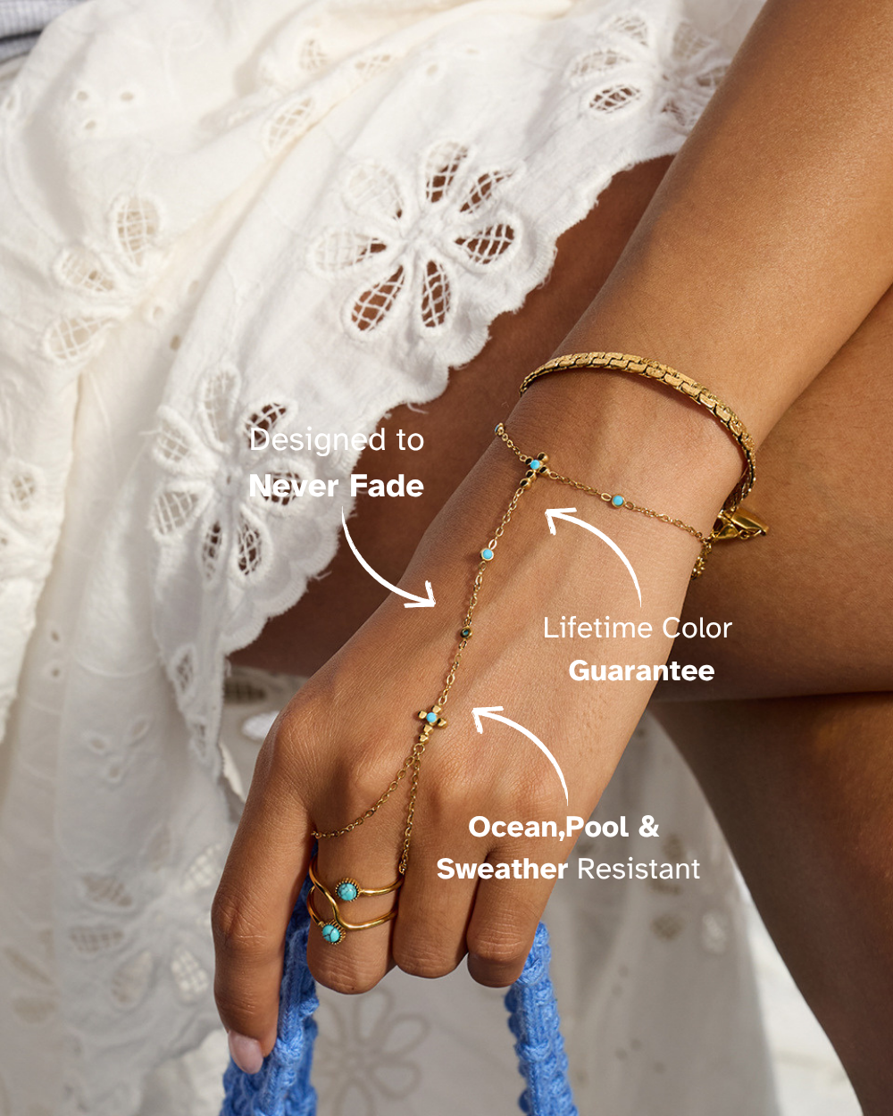 Gold bracelets on a wrist with text about color guarantee and resistance to fading and weathering.