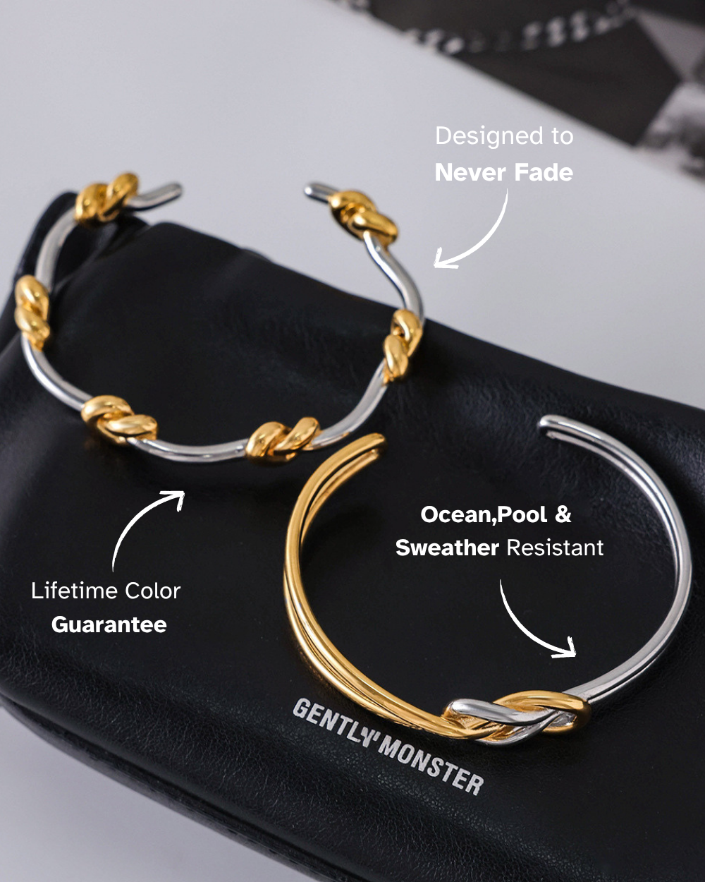 Gold and silver hoop earrings on a black surface with text highlighting features.