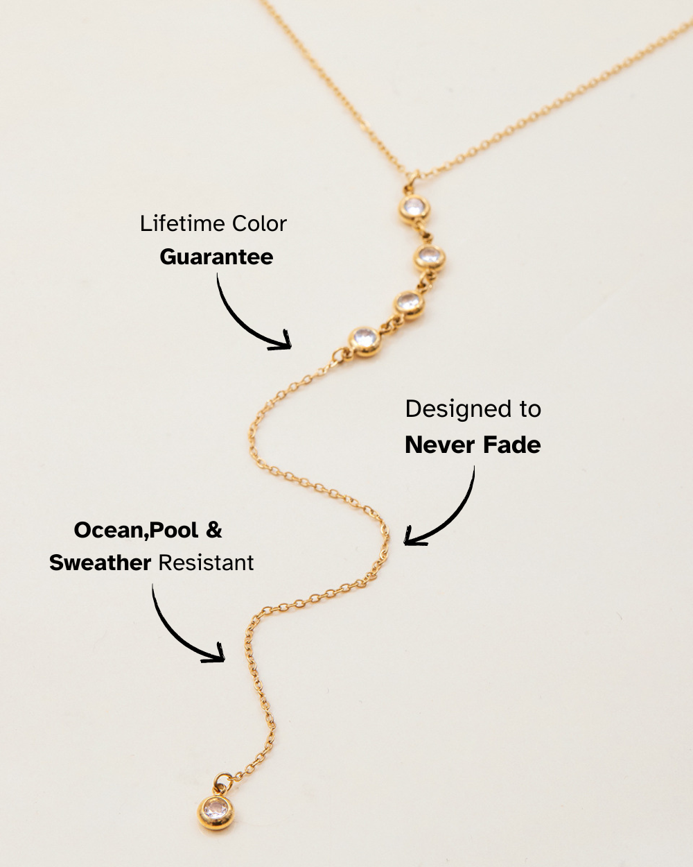 Gold necklace with text highlighting features on a light gray background