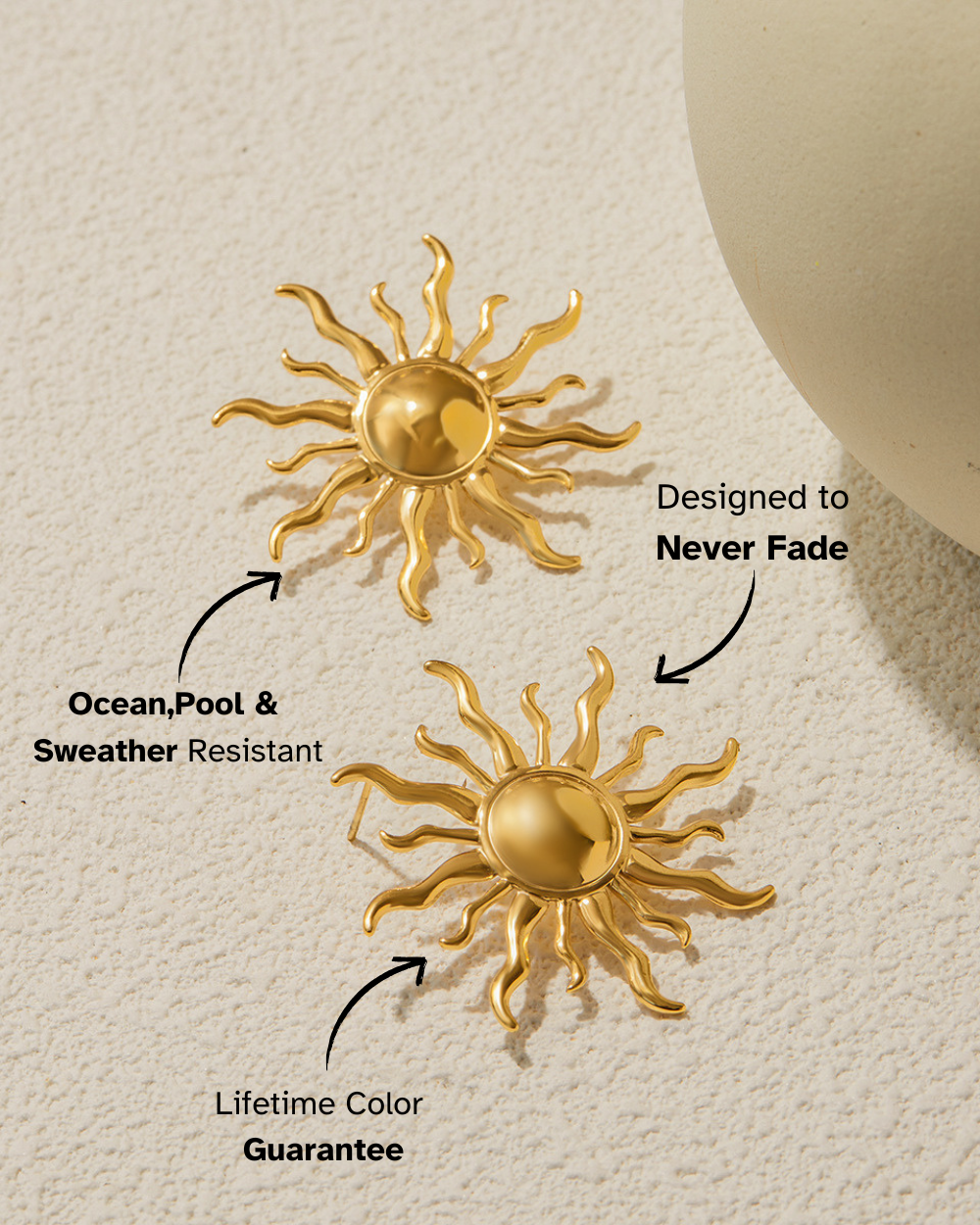 Two gold sun-shaped decorative items on a beige background with text highlighting features.