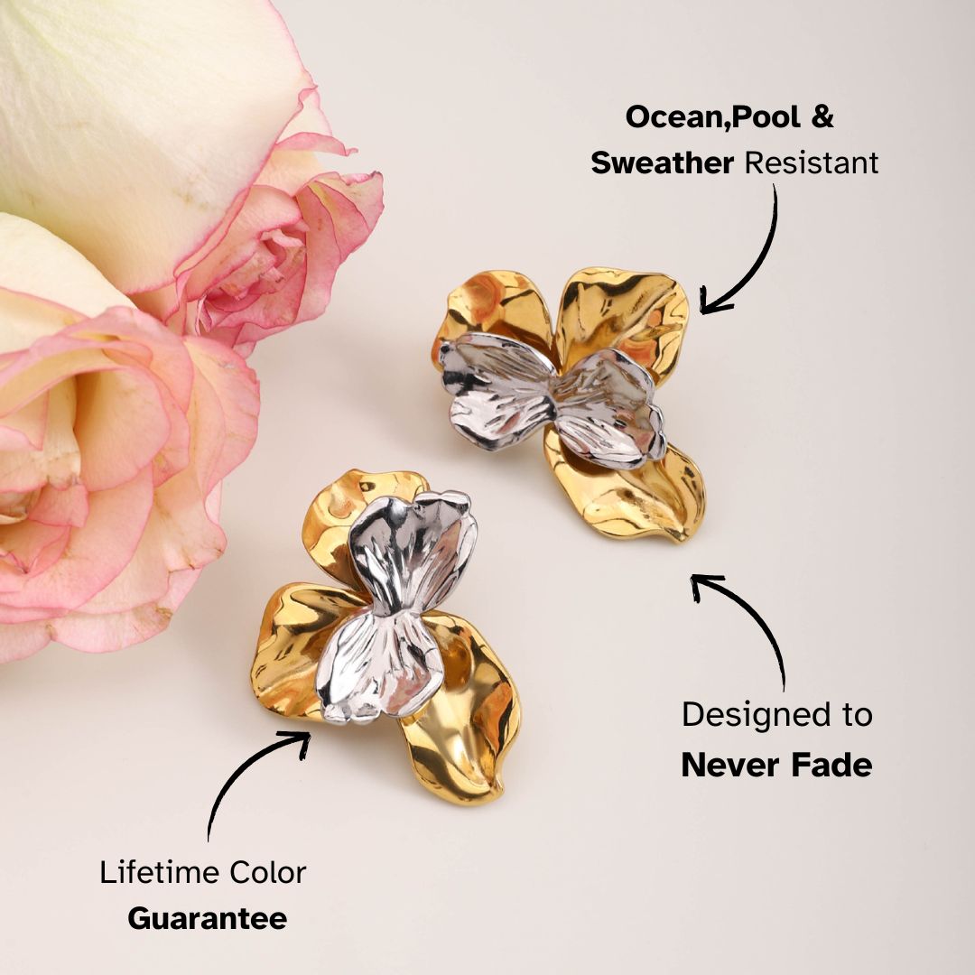 Gold and silver flower earrings styled with roses – floral statement studs that resist tarnish and suit elegant outfits