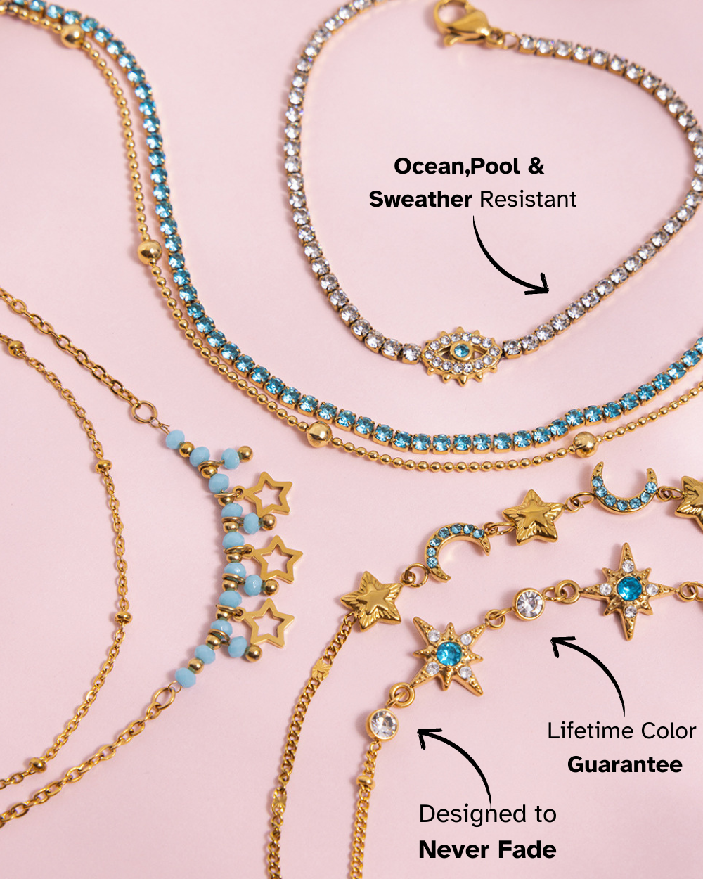 Gold and turquoise jewelry set on a pink background with text highlighting features.