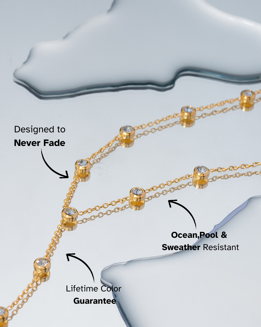 Gold necklace with embedded stones on a gray background, featuring text about its properties.