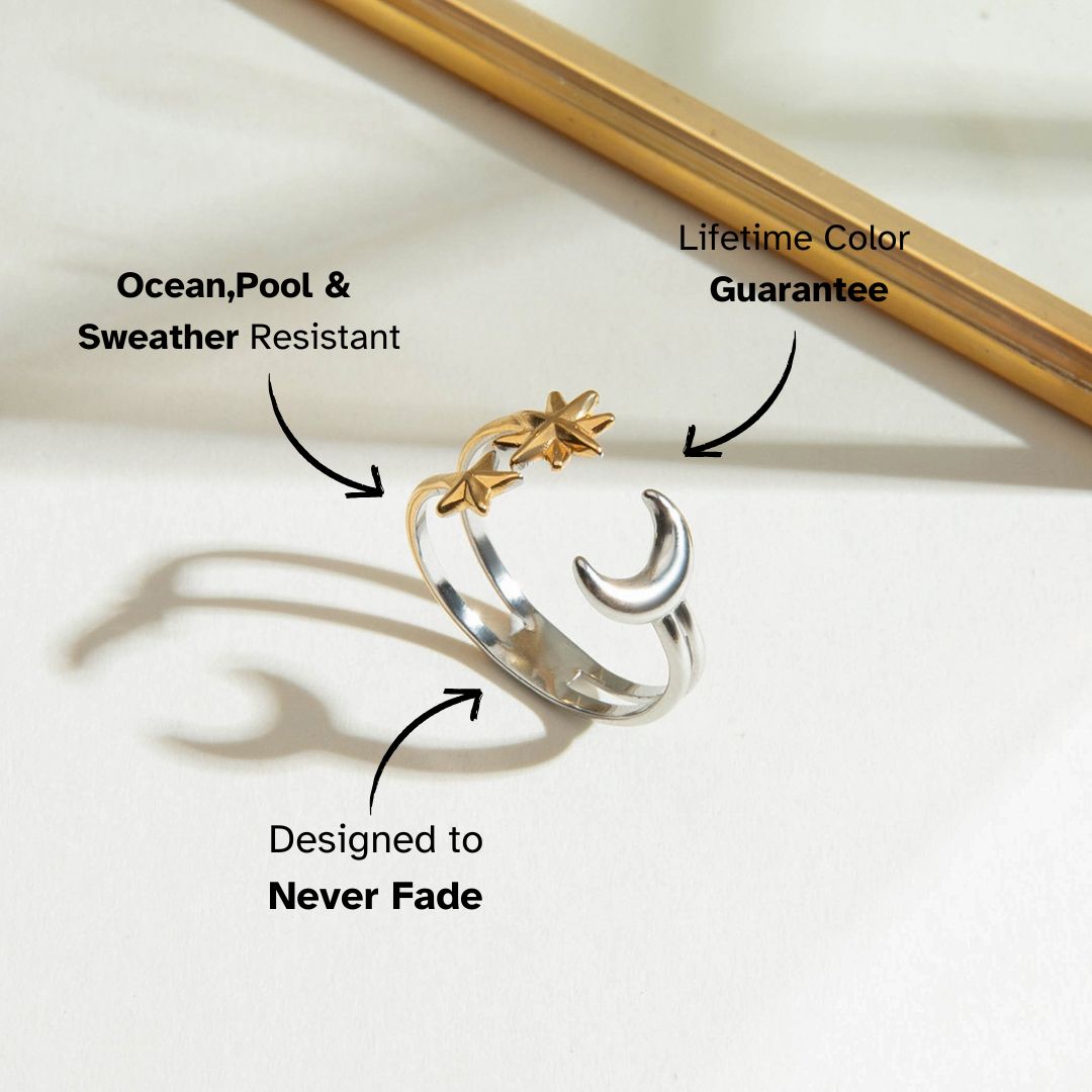 Two-tone moon and star ring with silver and gold finish