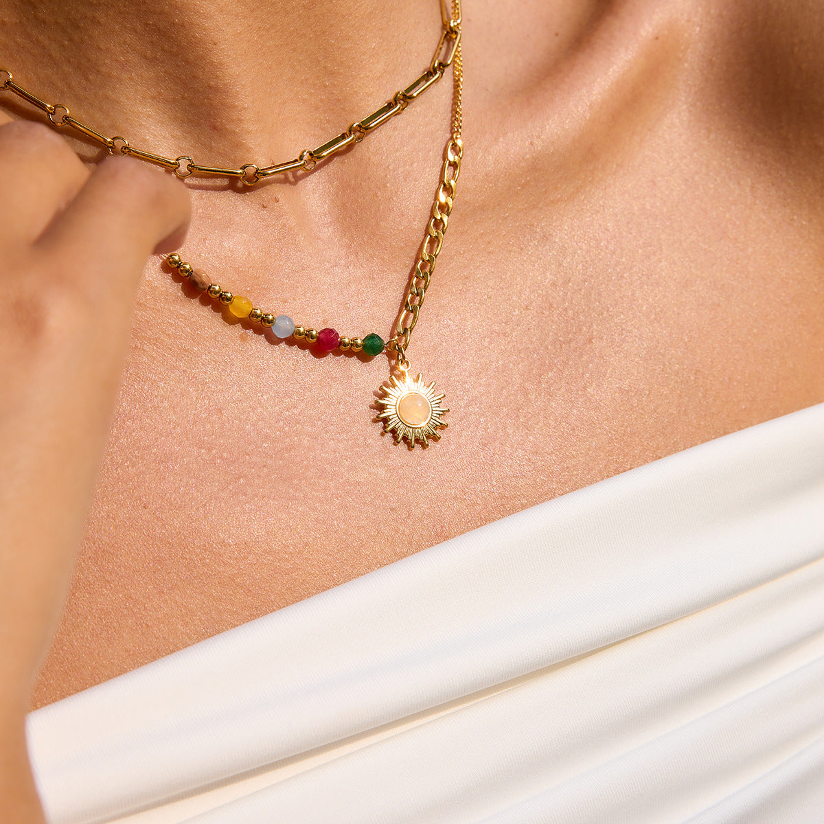 Summer look with paperclip necklace and colorful gemstone charm necklace