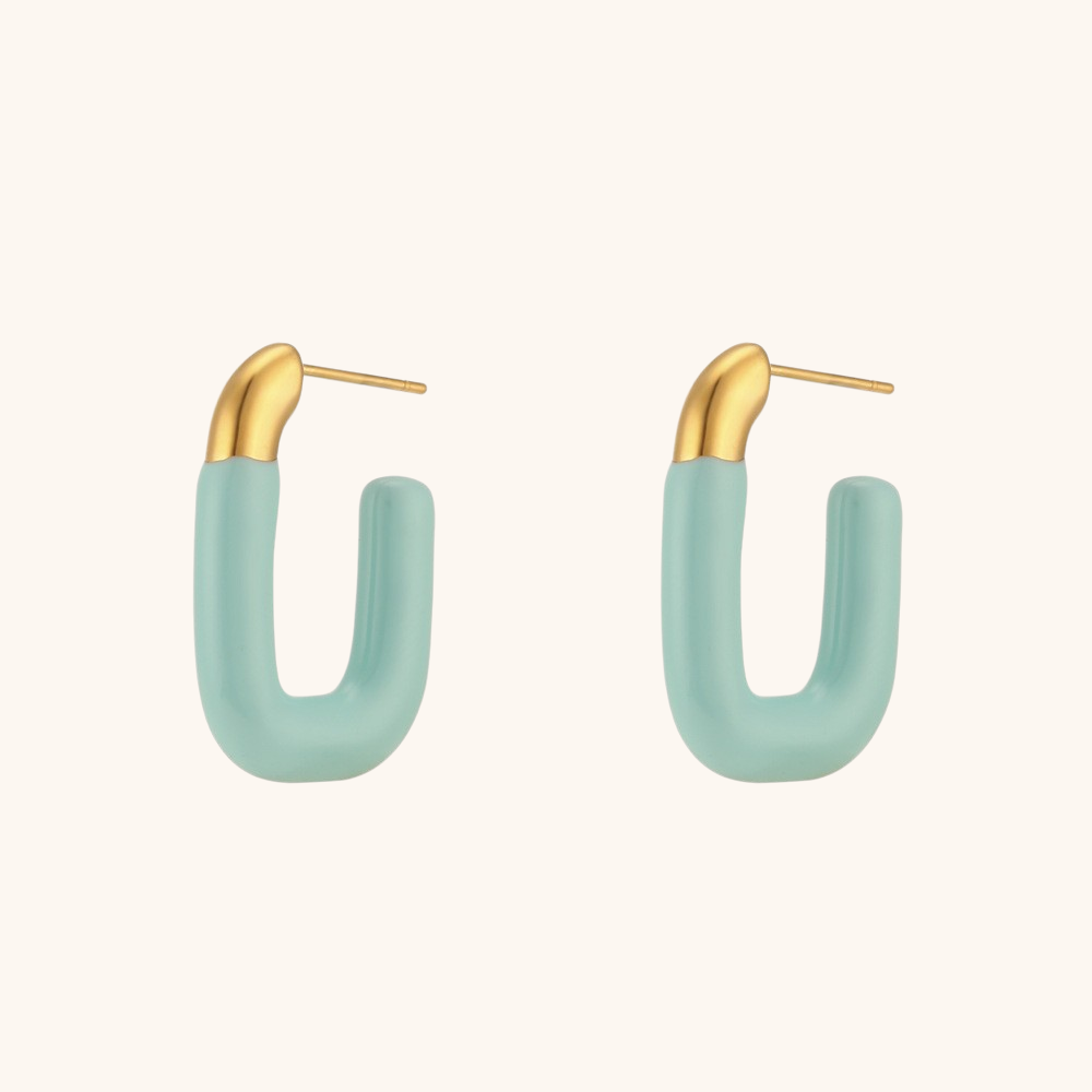Mint green U-shaped enamel hoop earrings with matte texture and gold details, isolated on white background