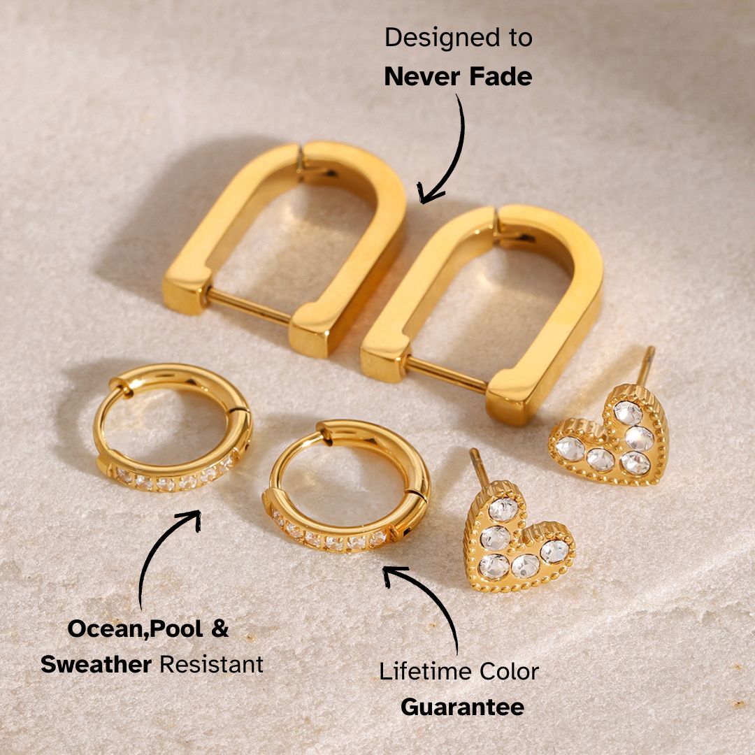 Three-pair gold earring set with heart, huggie and chunky hoops