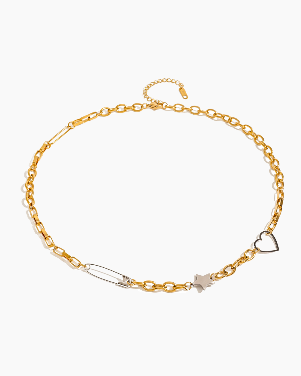 Gold chain necklace with star and heart pendants on a white background