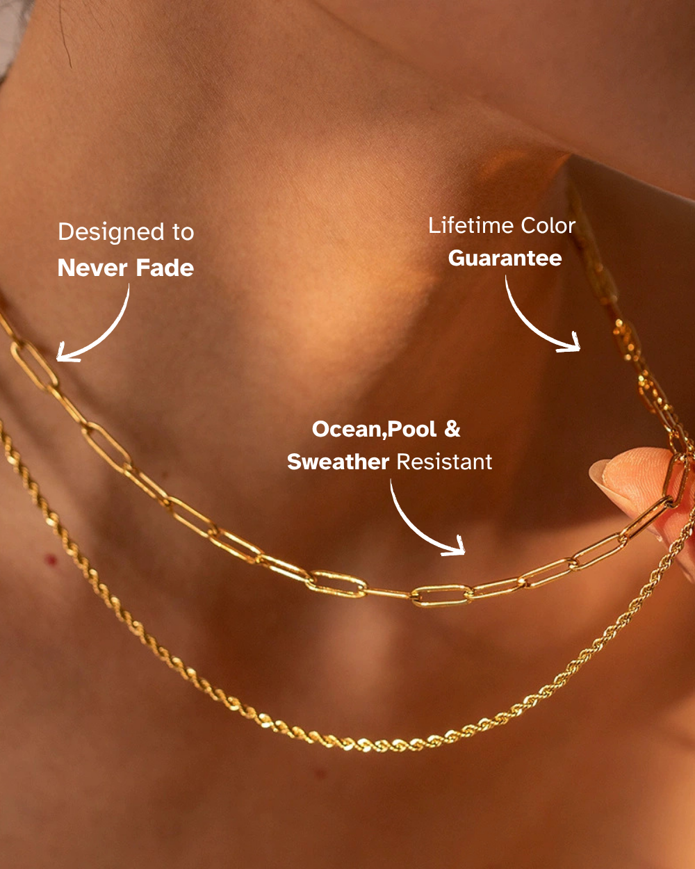 Gold chain necklace on a person's neck with text about its features.