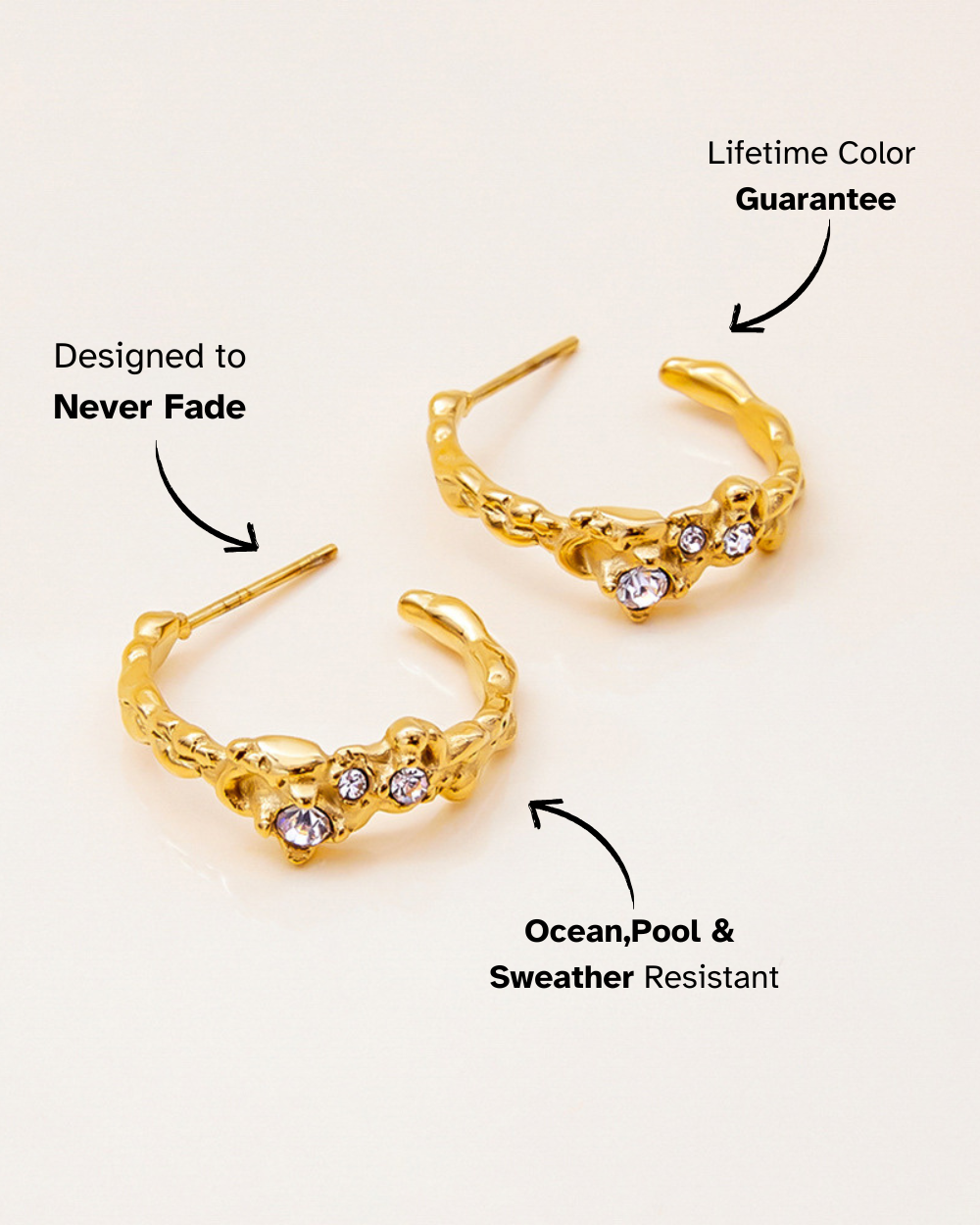 Gold hoop earrings with text highlighting features on a white background