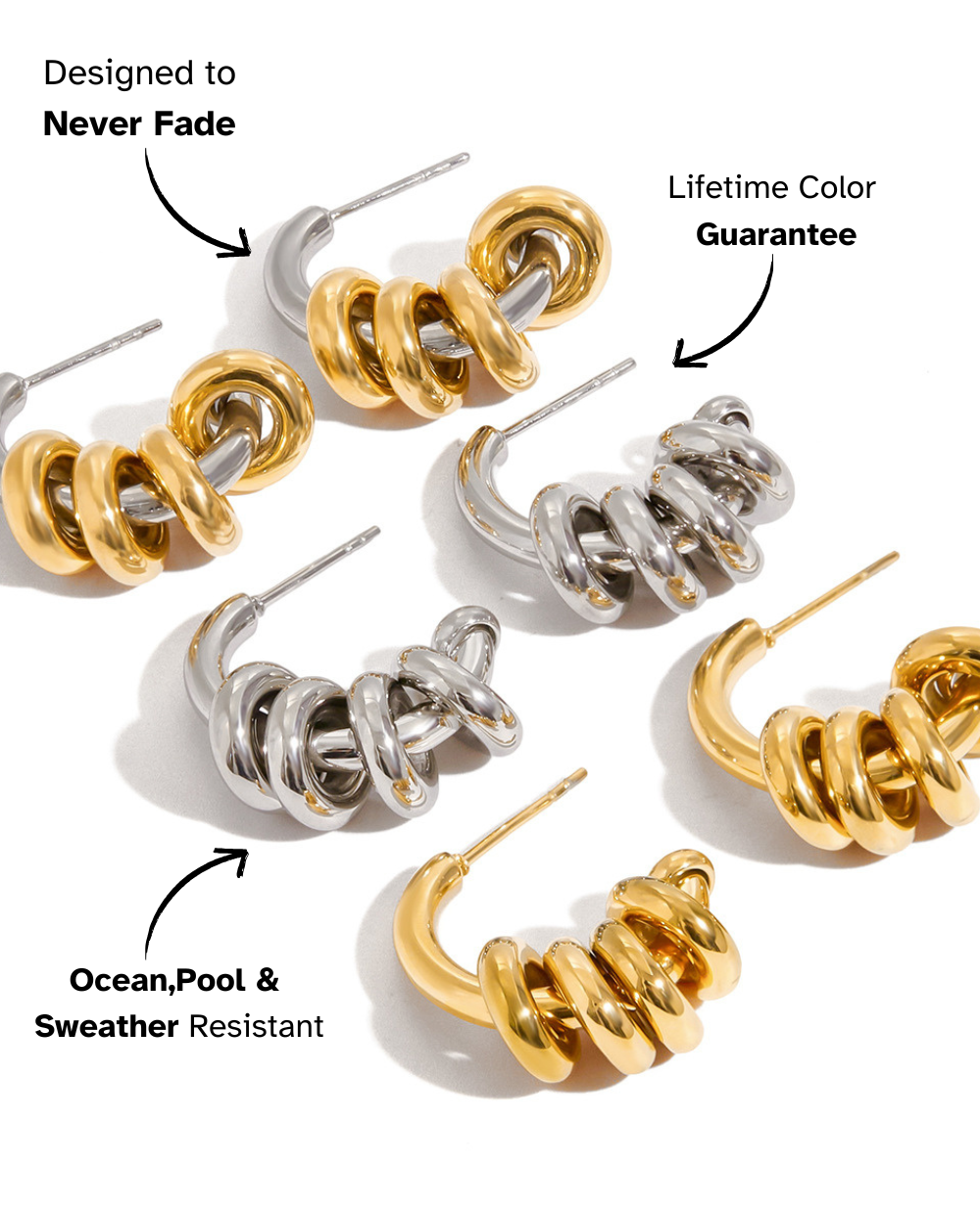 Gold and silver spiral earrings with text highlighting features on a white background