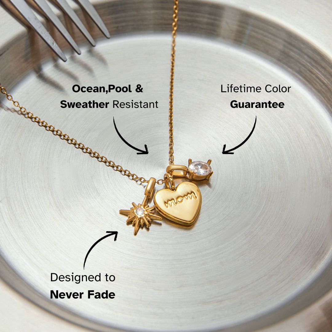 Necklace on metal plate with “Never Fade” and “Lifetime Guarantee” tags