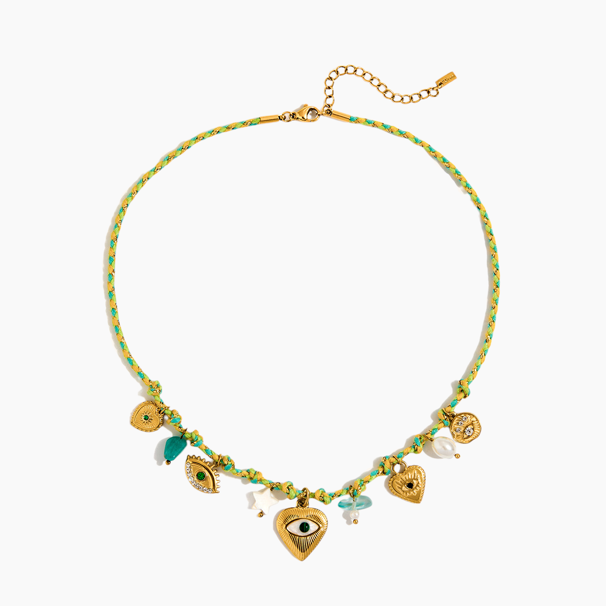 Necklace with heart and eye charms on a white background