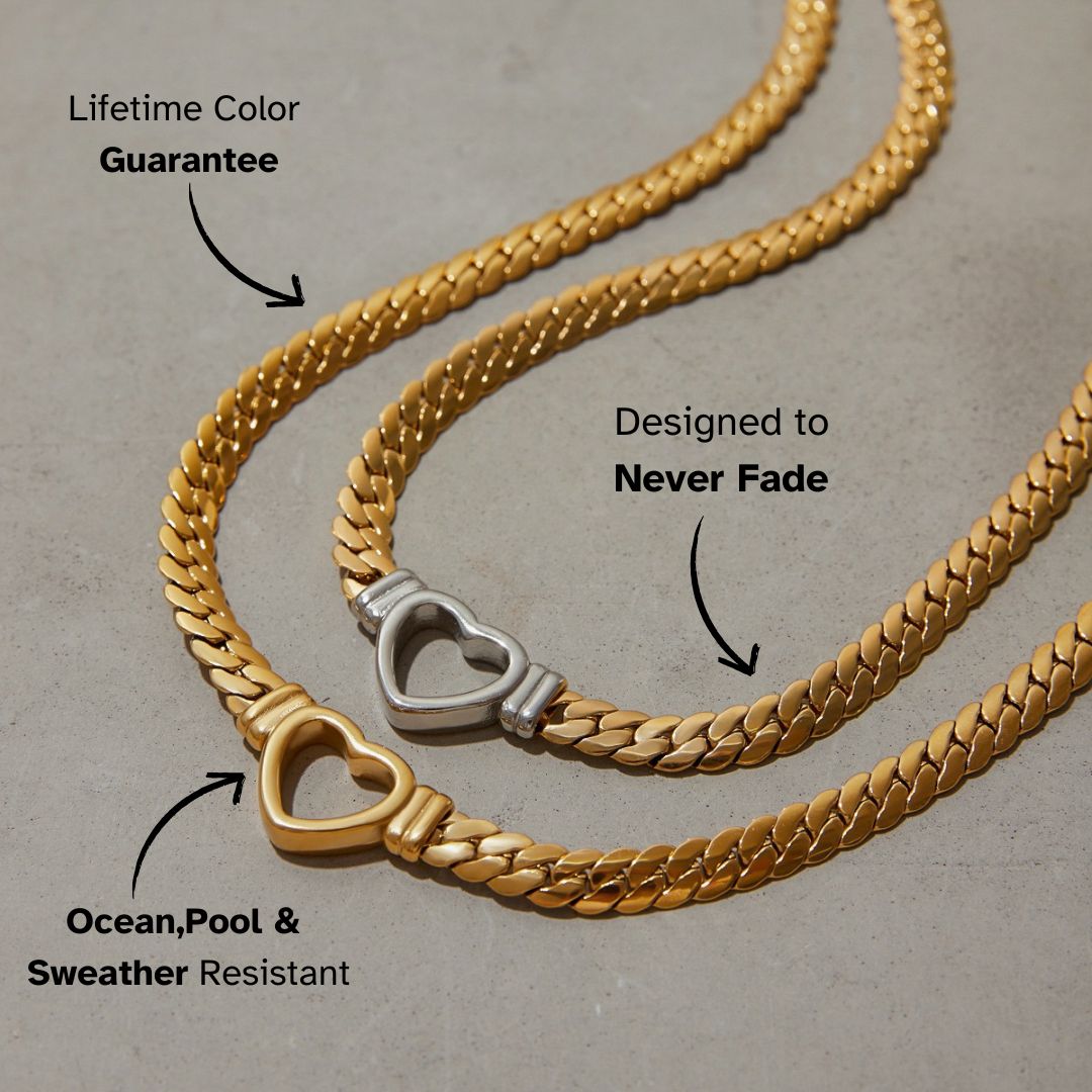 side-by-side gold necklaces with heart-shaped center charms