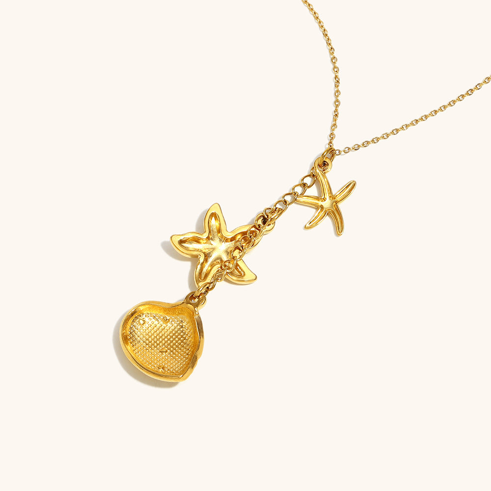 Close-up of marine-style necklace worn with a summer dress