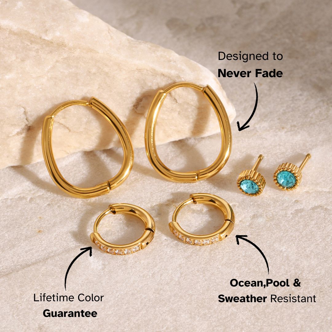 blue gemstone stud earrings with gold beaded setting, dainty and elegant